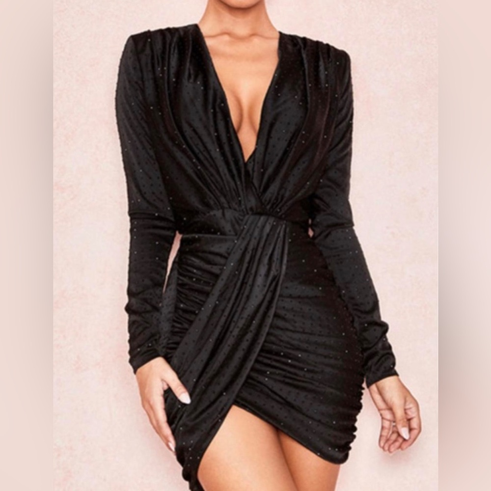 House of CB Black Ruched Long Sleeve Dress